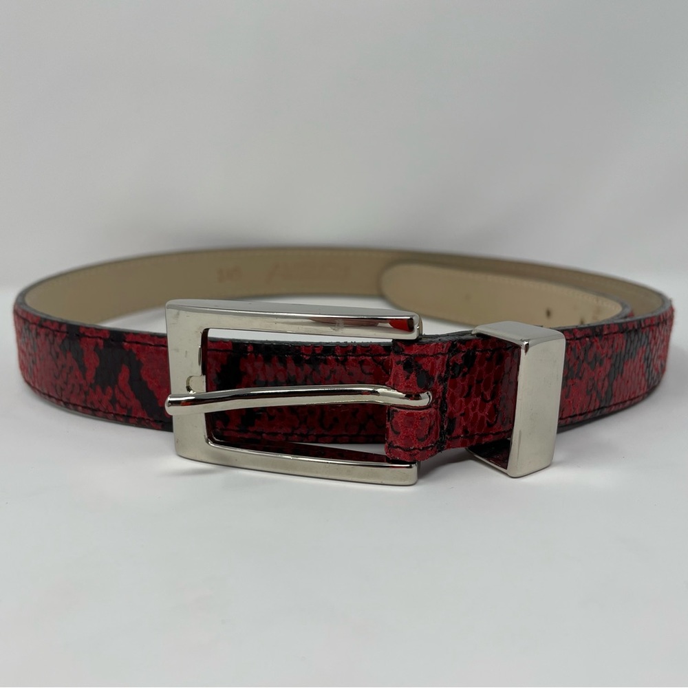 VTG Avignon Women's Red Black Reptile Print Leather Belt Silver Tone Buckle M